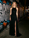 Black Draped Flowy Satin Halter High Slit A-Line Long Prom Dress,PDS118619