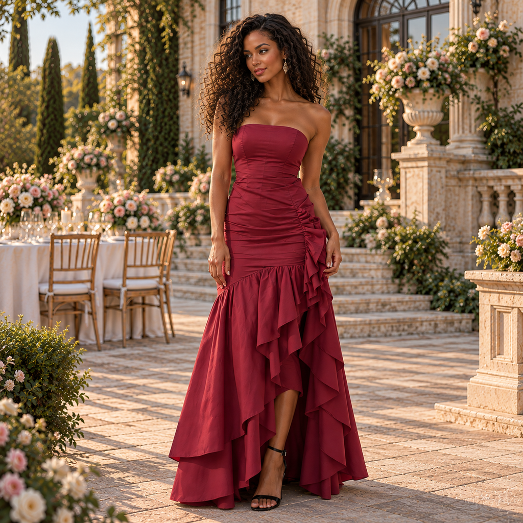 Elegant Strapless Chiffon Ruched Ruffled High Slit Mermaid Formal Dress,PDS118718