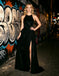 Black Draped Flowy Satin Halter High Slit A-Line Long Prom Dress,PDS118619