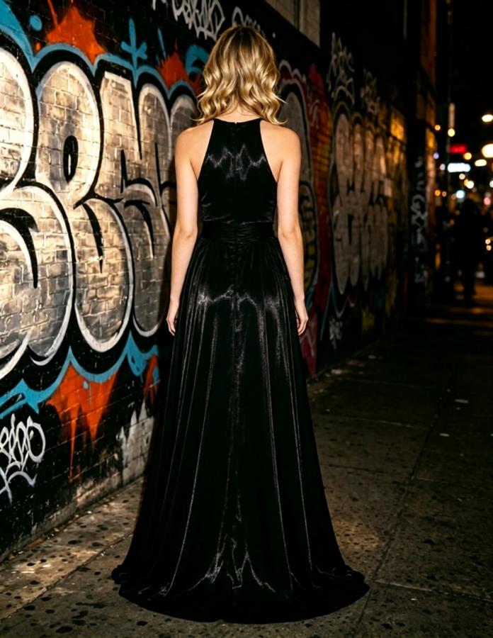 Black Draped Flowy Satin Halter High Slit A-Line Long Prom Dress,PDS118619