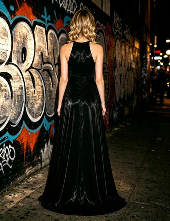 Black Draped Flowy Satin Halter High Slit A-Line Long Prom Dress,PDS118619