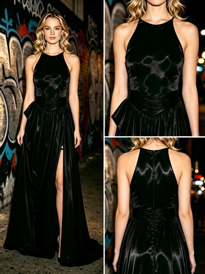 Black Draped Flowy Satin Halter High Slit A-Line Long Prom Dress,PDS118619