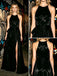 Black Draped Flowy Satin Halter High Slit A-Line Long Prom Dress,PDS118619