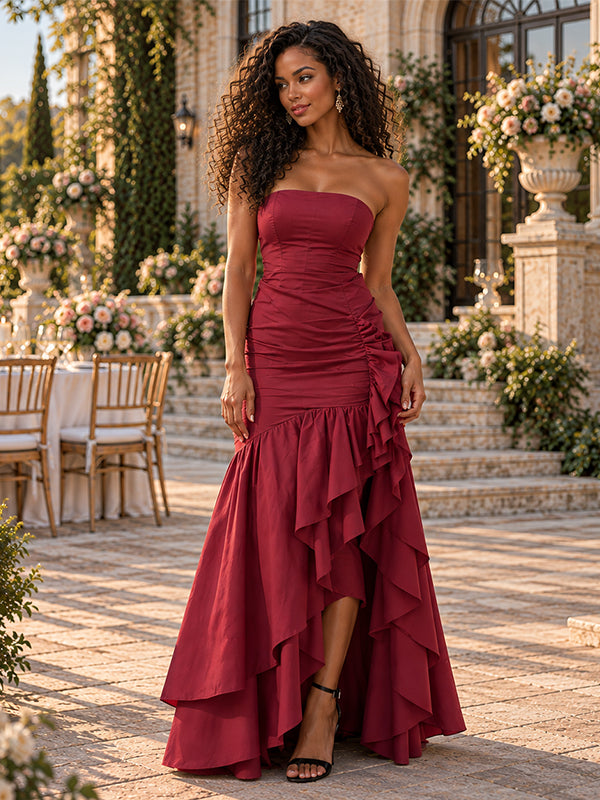 Elegant Strapless Chiffon Ruched Ruffled High Slit Mermaid Formal Dress,PDS118718