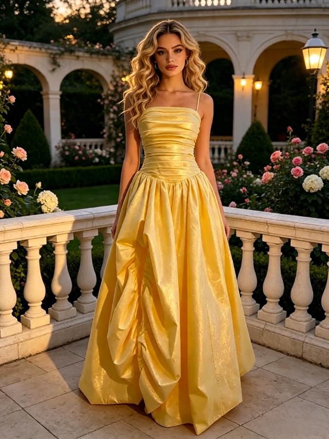 Golden Shimmer Metallic Spaghetti Strap Ruched A-Line Long Prom Dress,PDS118620