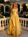 Golden Shimmer Metallic Spaghetti Strap Ruched A-Line Long Prom Dress,PDS118620