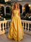 Golden Shimmer Metallic Spaghetti Strap Ruched A-Line Long Prom Dress,PDS118620