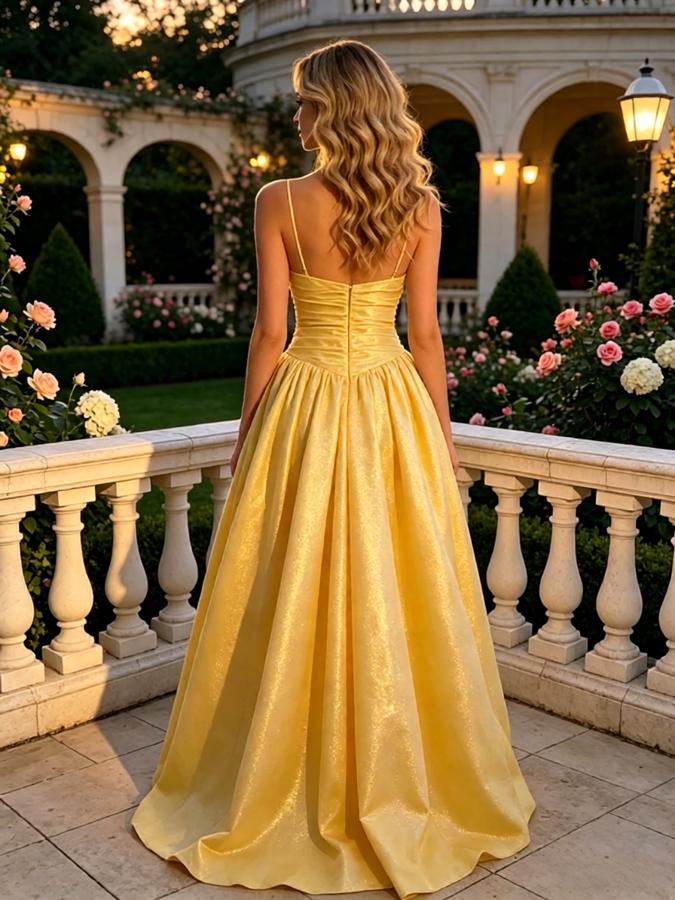 Golden Shimmer Metallic Spaghetti Strap Ruched A-Line Long Prom Dress,PDS118620