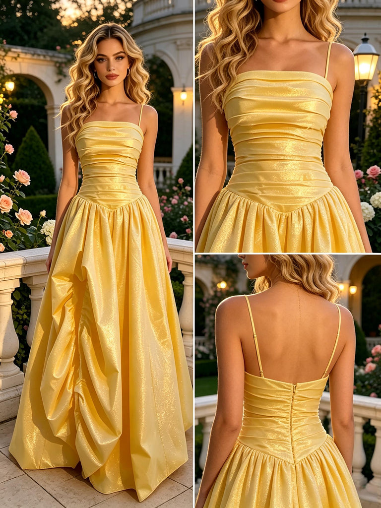 Golden Shimmer Metallic Spaghetti Strap Ruched A-Line Long Prom Dress,PDS118620