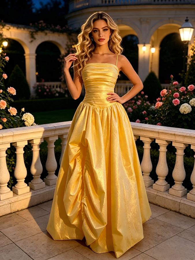 Golden Shimmer Metallic Spaghetti Strap Ruched A-Line Long Prom Dress,PDS118620