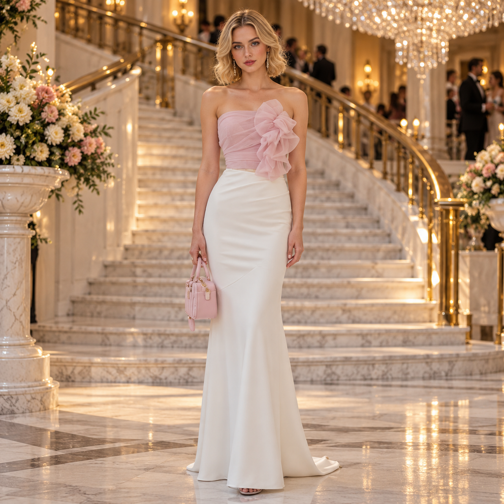 Romantic Strapless Satin Flower Detail Mermaid Long Evening Dress,PDS118720
