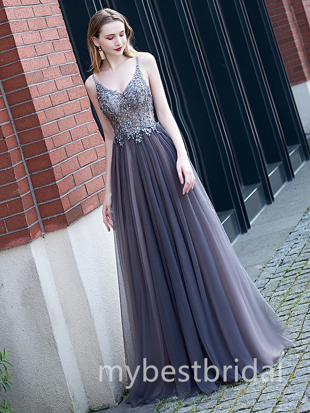 Elegant V-neck Sleeveless A-line Long Prom Dress,PDS11671