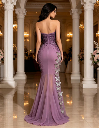 Purple 3D Butterfly Applique Glitter Tulle Mermaid Slit Evening Dress,PDS118621