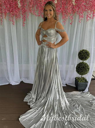 Sparkly Off Shoulder Sweetheart Sleeveless A-line Long Prom Dress,PDS11739