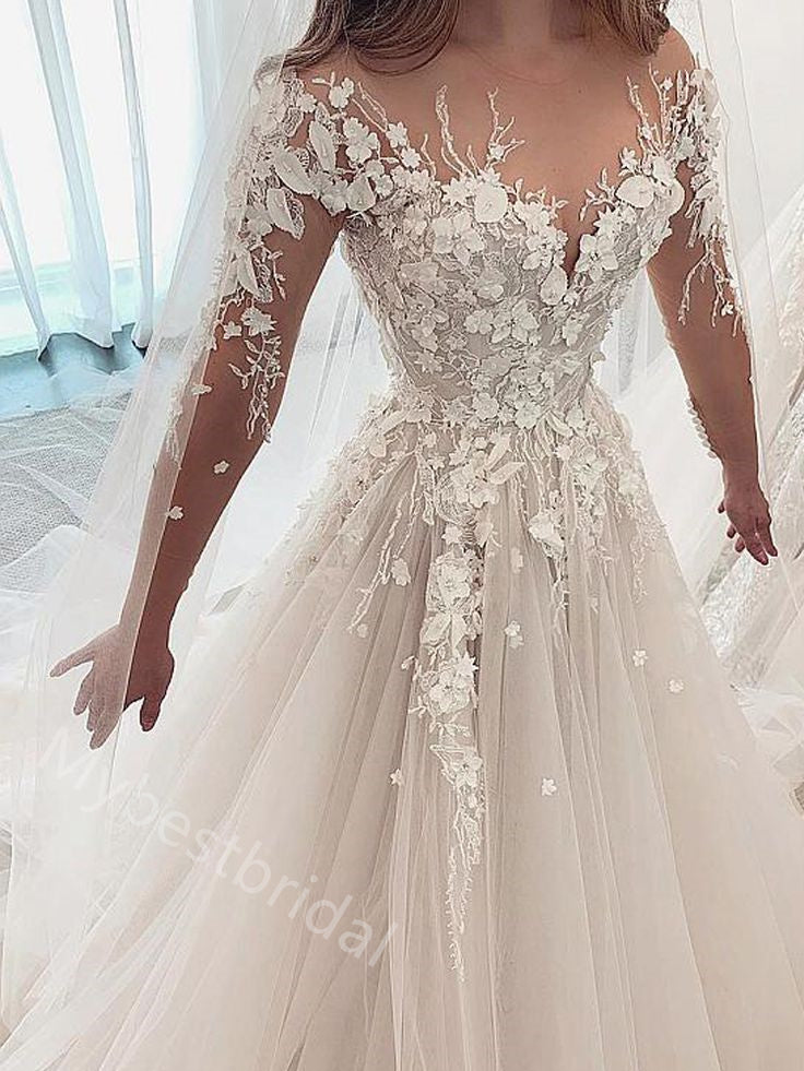 Elegant V-neck Long sleeves A-line Lace applique  Wedding Dresses, WDY0343