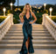 Teal Ruched Metallic Halter Ruffled Slit Mermaid Long Evening Dress,PDS118622