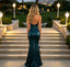 Teal Ruched Metallic Halter Ruffled Slit Mermaid Long Evening Dress,PDS118622