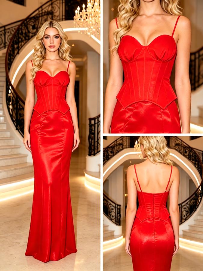 Red Smooth Satin Spaghetti Strap Corset Mermaid Long Prom Dress,PDS118623