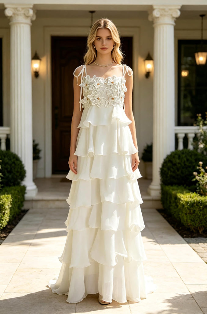 White Ruffle Flowy Chiffon Floral Tie Strap Tiered A-Line Long Evening Gown,PDS118625