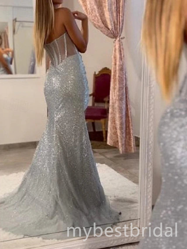 Sliver Sparkly Sweetheart Sleeveless Side Slit Mermaid Long Prom Dress,PDS11685