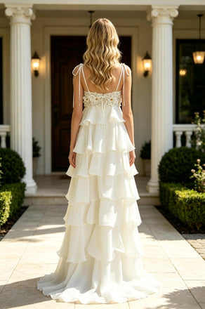 White Ruffle Flowy Chiffon Floral Tie Strap Tiered A-Line Long Evening Gown,PDS118625