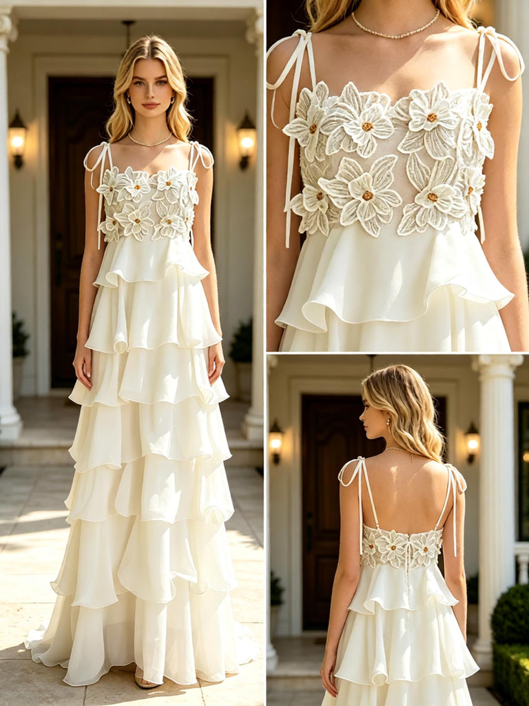 White Ruffle Flowy Chiffon Floral Tie Strap Tiered A-Line Long Evening Gown,PDS118625