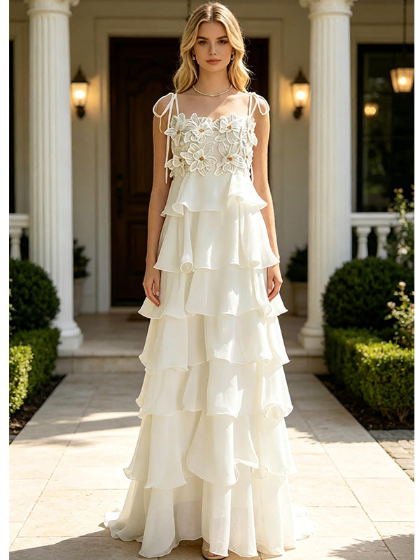White Ruffle Flowy Chiffon Floral Tie Strap Tiered A-Line Long Evening Gown,PDS118625
