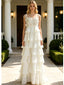 White Ruffle Flowy Chiffon Floral Tie Strap Tiered A-Line Long Evening Gown,PDS118625