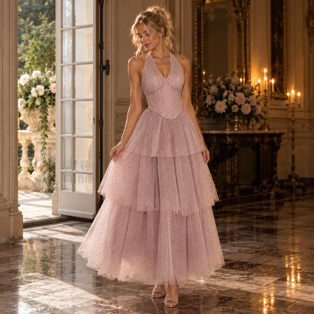 Vintage Halter Polka Dot Tulle Tiered A-Line Long Prom Dress,PDS118724