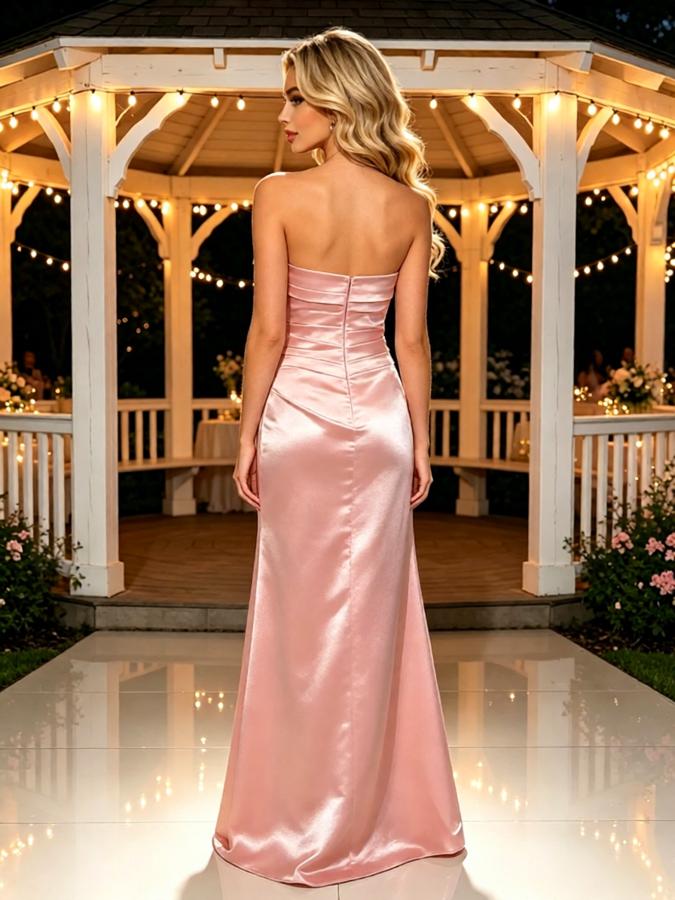 Blush Pink Luxury Satin Strapless Ruched Slit Mermaid Long Prom Dress,PDS118624