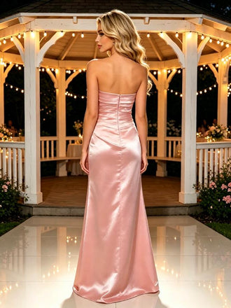 Blush Pink Luxury Satin Strapless Ruched Slit Mermaid Long Prom Dress,PDS118624