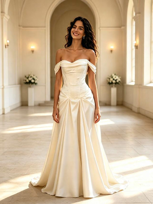 Luxury Off Shoulder Pleats Sleeveless Satin A-Line Floor Length Wedding Dresses, WD0386