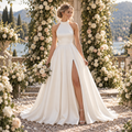 Glam Halter High Neck Satin A Line Wedding Dress With High Slit, WD0404