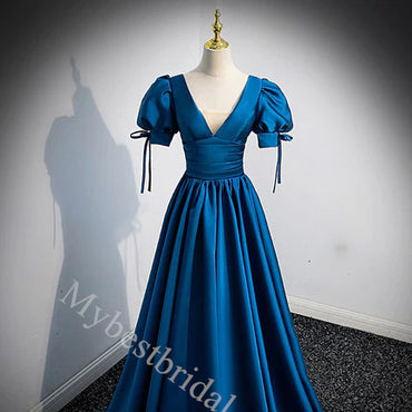 Elegant V-neck Cap Sleeves A-line Floor Length Long Prom Dress,PDS11569