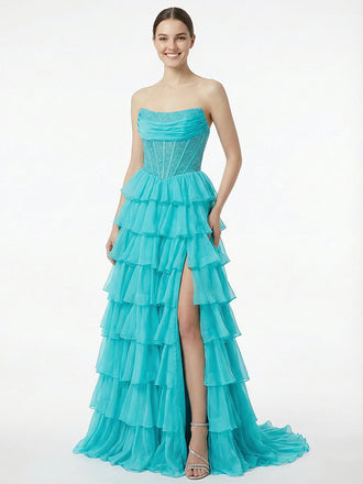 Cute Strapless Sleeveless Side Slit A-Line Ruffles Long Prom Party Dress,PDS11782