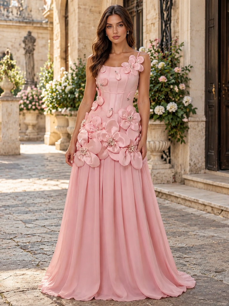 Pretty Pink Square Neck 3D Floral Chiffon A Line Prom Dress,PDS118816