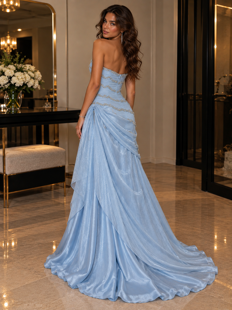 Sparkly Light Blue Glitter Organza Strapless Beaded Draped A Line Prom Dress,PDS118786