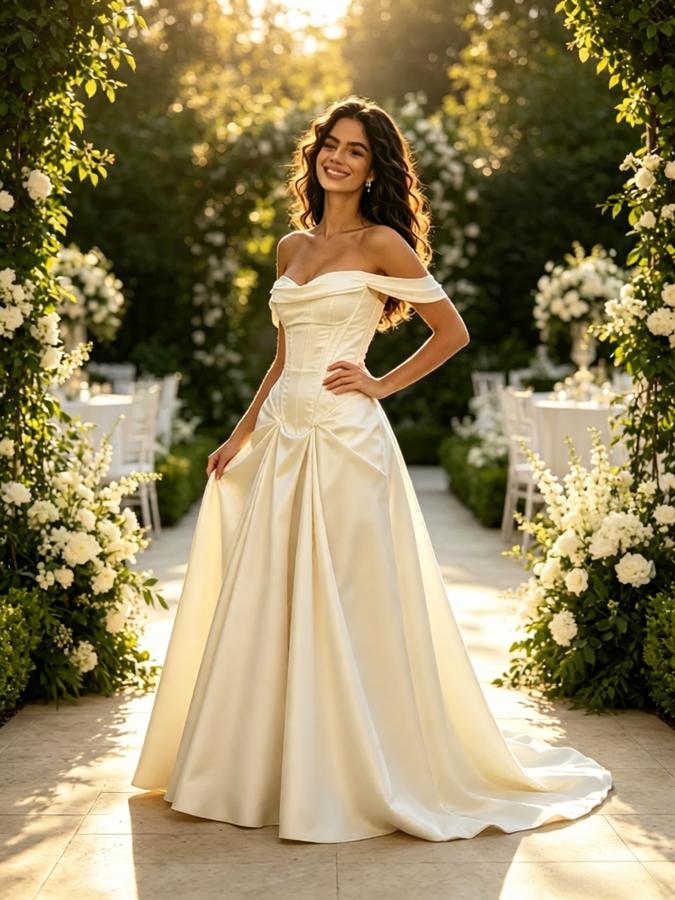Luxury Off Shoulder Pleats Sleeveless Satin A-Line Floor Length Wedding Dresses, WD0386