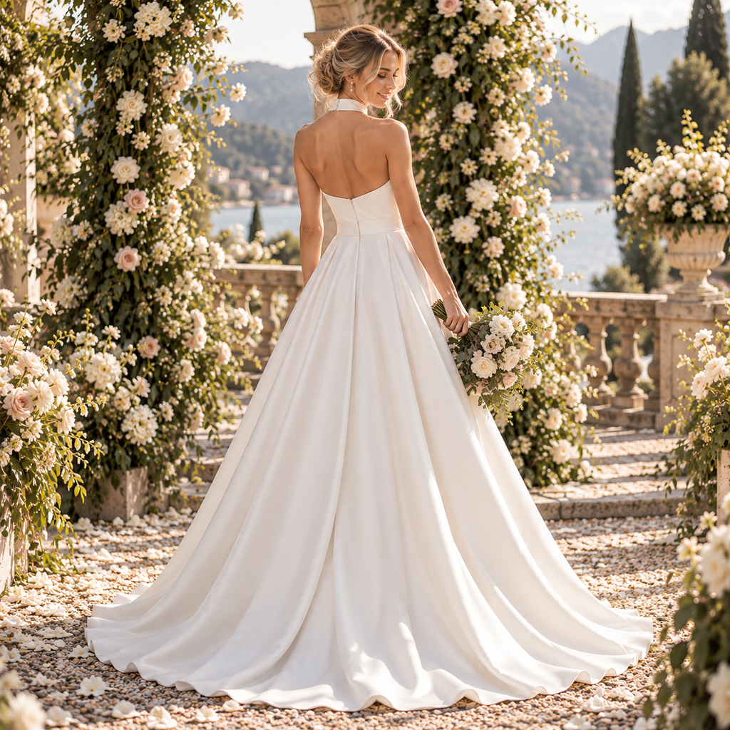Glam Halter High Neck Satin A Line Wedding Dress With High Slit, WD0404