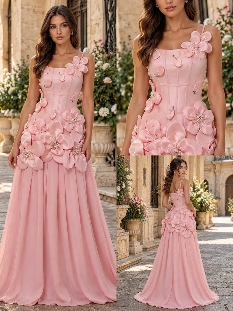 Pretty Pink Square Neck 3D Floral Chiffon A Line Prom Dress,PDS118816