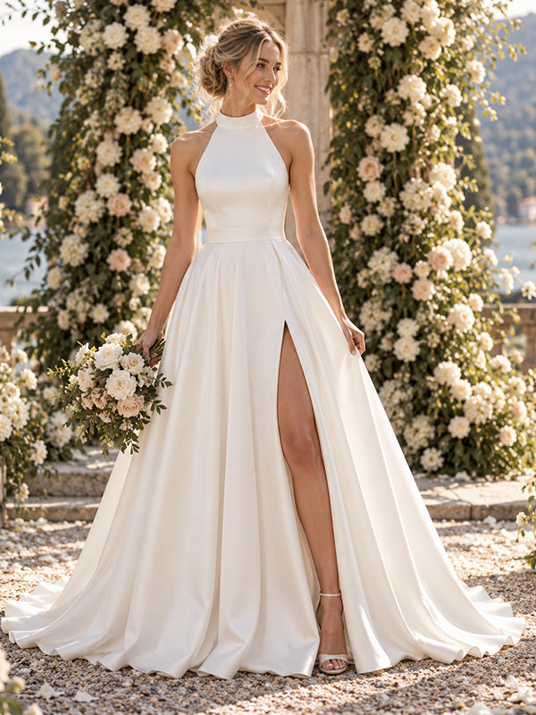 Glam Halter High Neck Satin A Line Wedding Dress With High Slit, WD0404