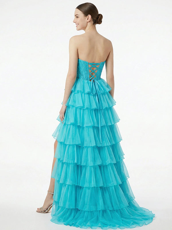 Cute Strapless Sleeveless Side Slit A-Line Ruffles Long Prom Party Dress,PDS11782