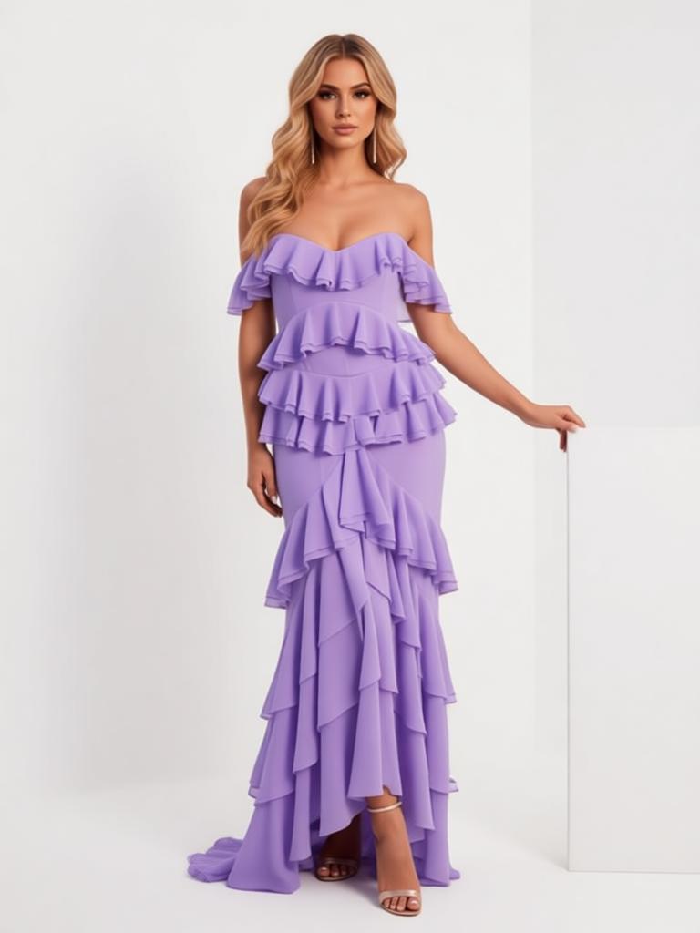 Lilac Off Shoulder Ruffles High-Low Chiffon Mermaid Long Prom Party Dress,PDS11832