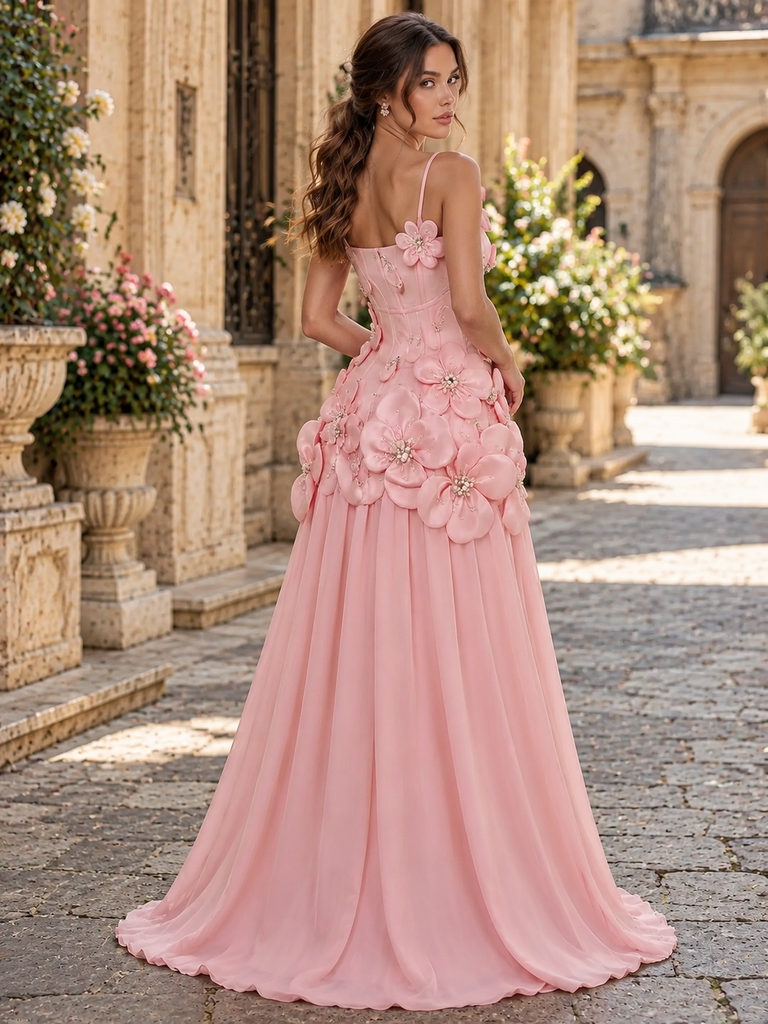 Pretty Pink Square Neck 3D Floral Chiffon A Line Prom Dress,PDS118816