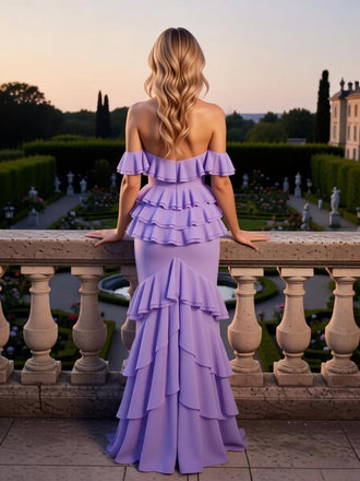 Lilac Off Shoulder Ruffles High-Low Chiffon Mermaid Long Prom Party Dress,PDS11832