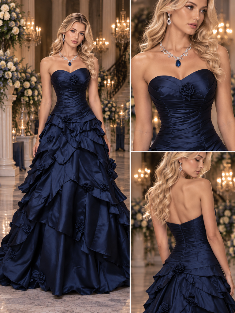 Regal Navy Sweetheart Ruffled Satin Ballgown Formal Dress,PDS118545