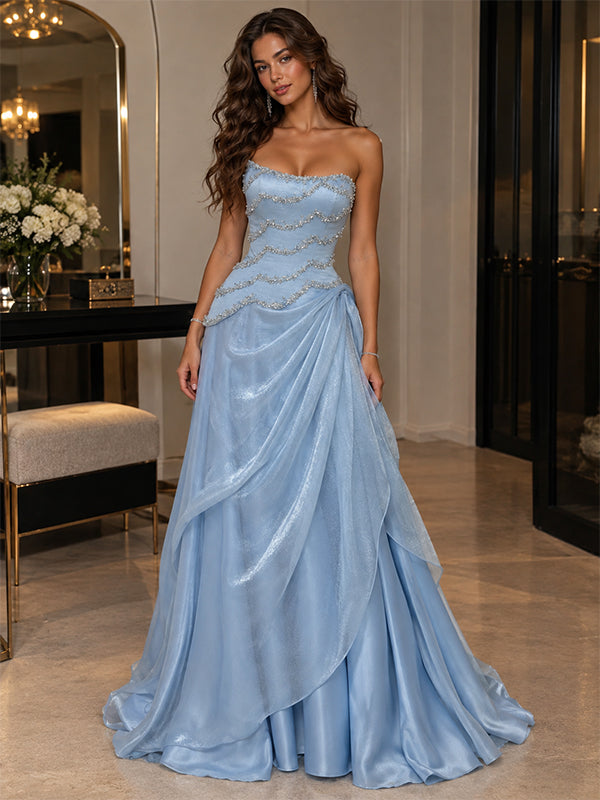 Sparkly Light Blue Glitter Organza Strapless Beaded Draped A Line Prom Dress,PDS118786