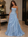 Sparkly Light Blue Glitter Organza Strapless Beaded Draped A Line Prom Dress,PDS118786