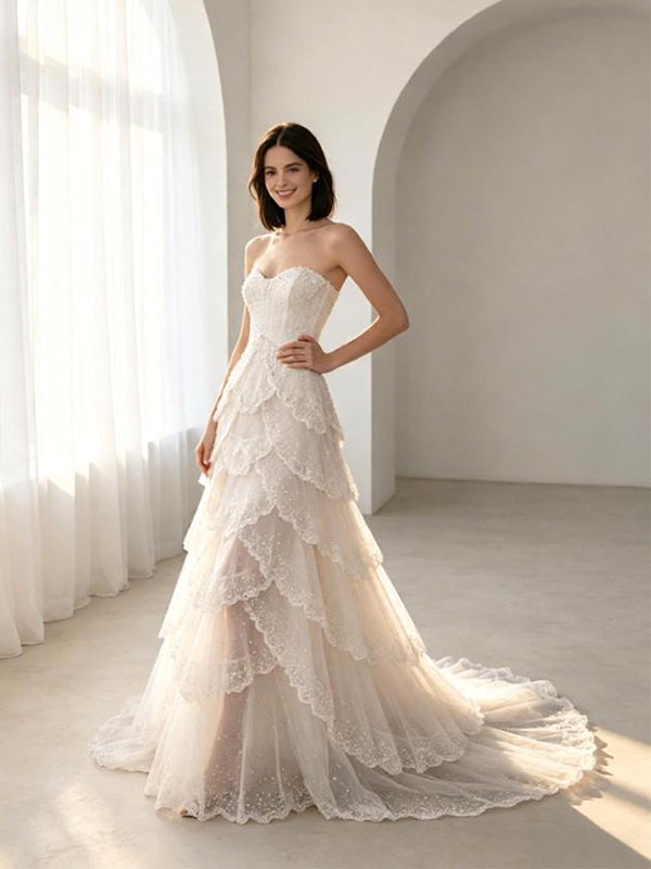 Pretty Sweetheart Strapless Tulle A-Line Floor Length Long Wedding Dresses, WD0368