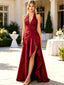Sexy Halter V-Neck Side Slit Ruffles A-Line Long Prom Party Dress,PDS118526